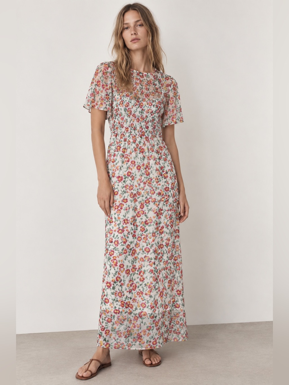 ZARA Floral Smocked Maxi Dress Puff Sleeve Cottagecore Size Small